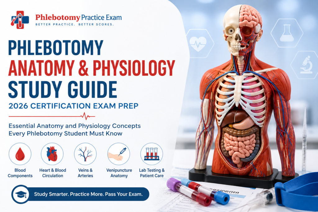 Phlebotomy Anatomy and Physiology Study Guide 2026 featuring human anatomy model, circulatory system, blood vessels, and venipuncture concepts for certification exam preparation.