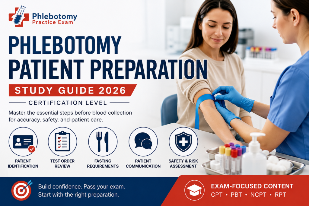 Phlebotomy patient preparation checklist showing identification verification, fasting requirements, and infection control steps