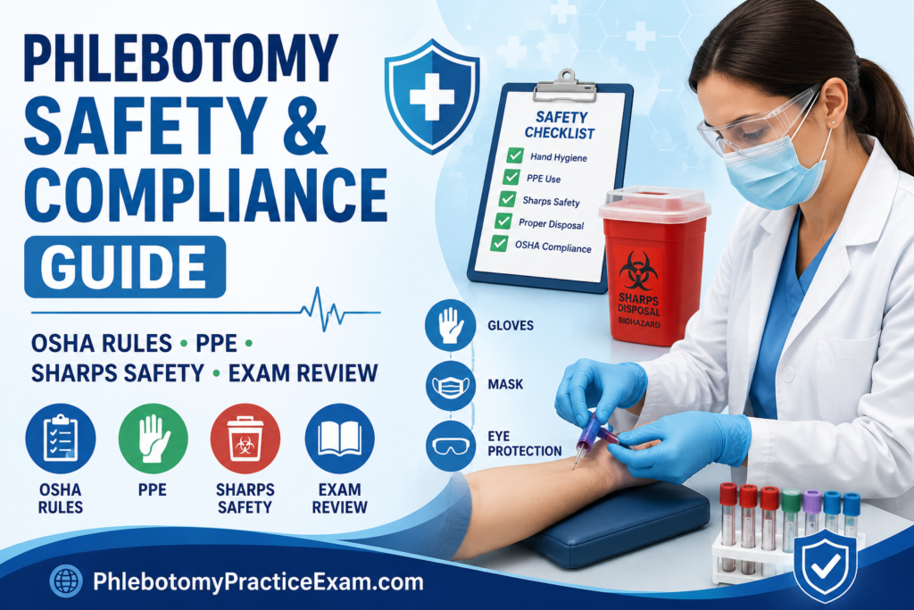Phlebotomist wearing PPE performing a safe blood draw with OSHA safety checklist, sharps disposal container, and phlebotomy safety compliance guide.
