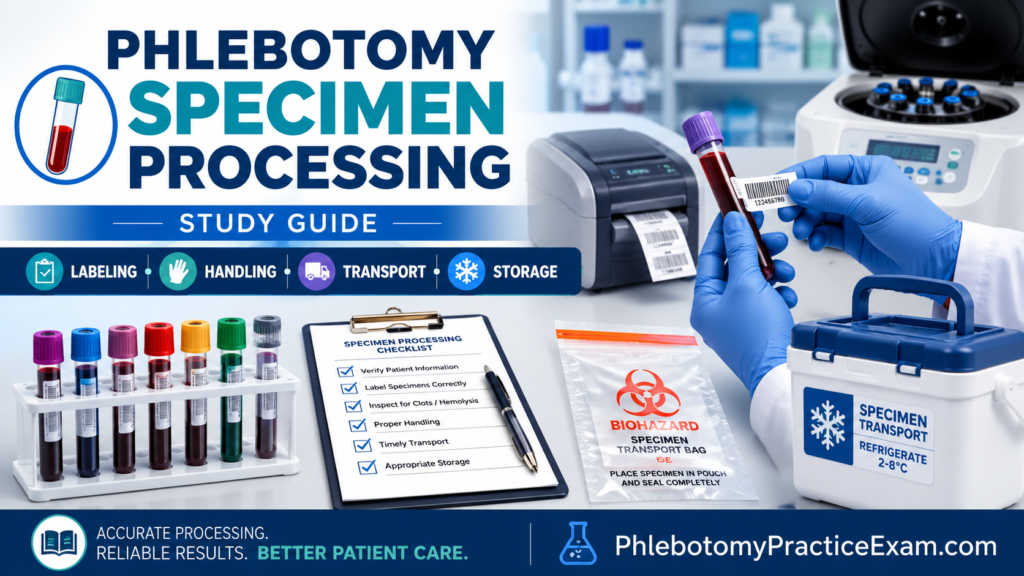 Phlebotomist labeling blood specimen tubes with barcode labels while demonstrating specimen processing, handling, transport, and storage in a clinical laboratory.