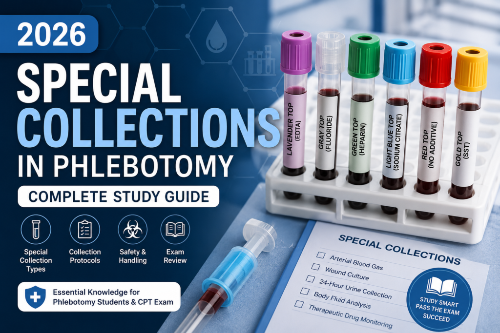 Special collections in phlebotomy study guide showing color-coded blood collection tubes used for arterial blood gas, blood cultures, therapeutic drug monitoring, and other special specimen collections.
