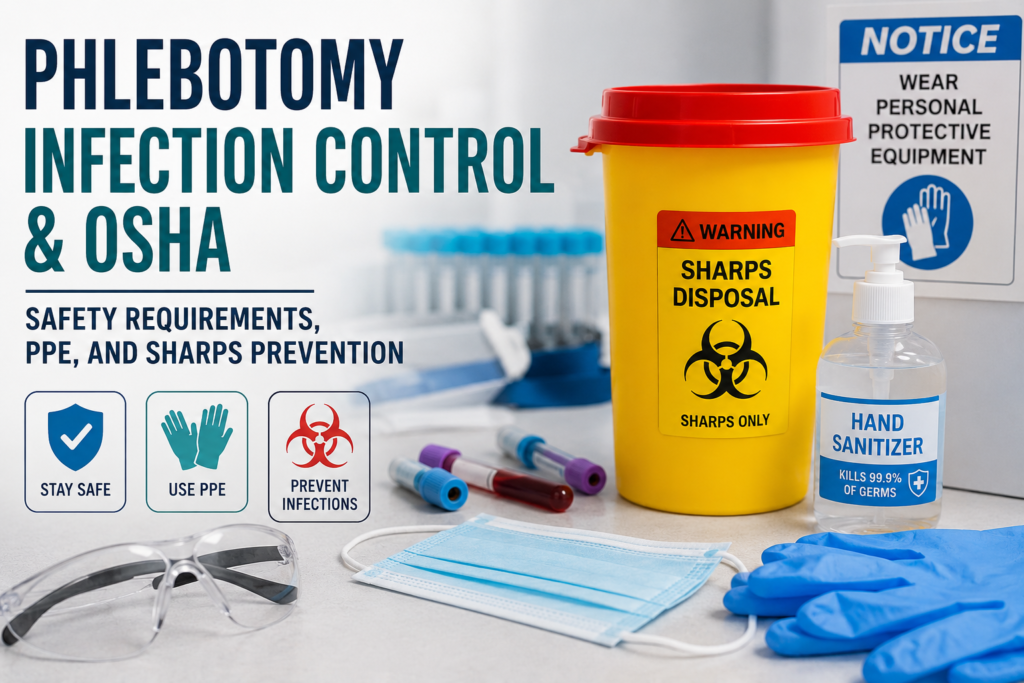 Phlebotomy infection control with PPE and safe sharps handling