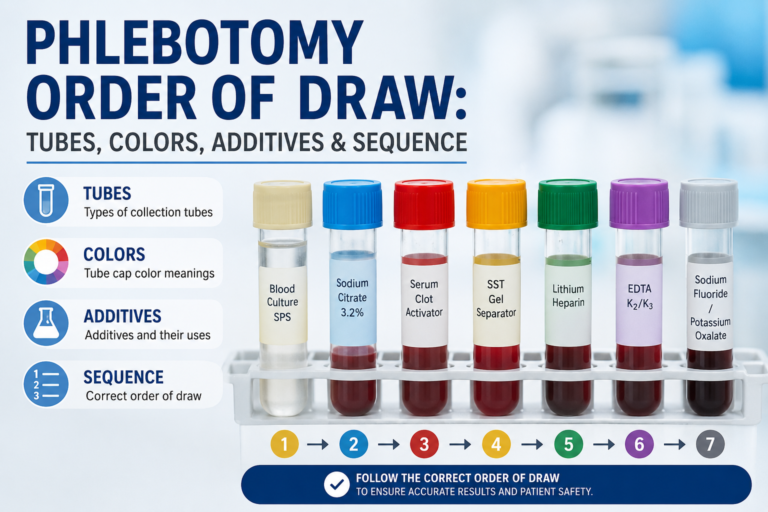 Phlebotomy order of draw showing blood collection tube colors, additives, and sequence