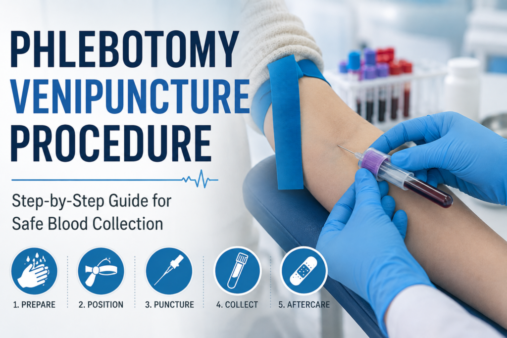 Phlebotomist performing a venipuncture blood draw during a step-by-step blood collection procedure using proper safety techniques